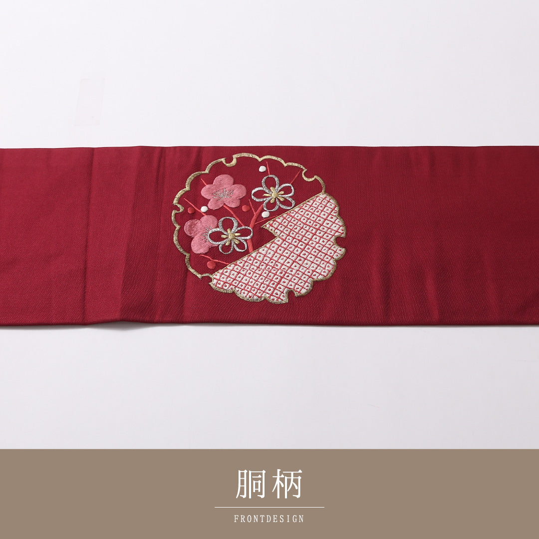 九寸 名古屋帯 帯丈353cm 名古屋仕立て ポイント柄 Sランク セミフォーマル 正絹 蘇州刺繍 雪輪 梅 松 古典的 可愛らしい 赤系 1224-02871