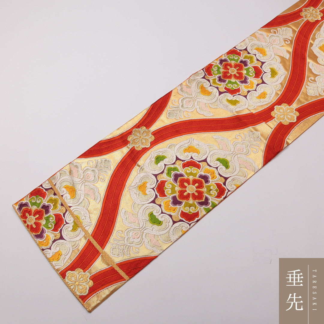 袋帯 帯丈412cm 正絹 六通 フォーマル 唐織 宝相華 立涌 朱系 1243-01442
