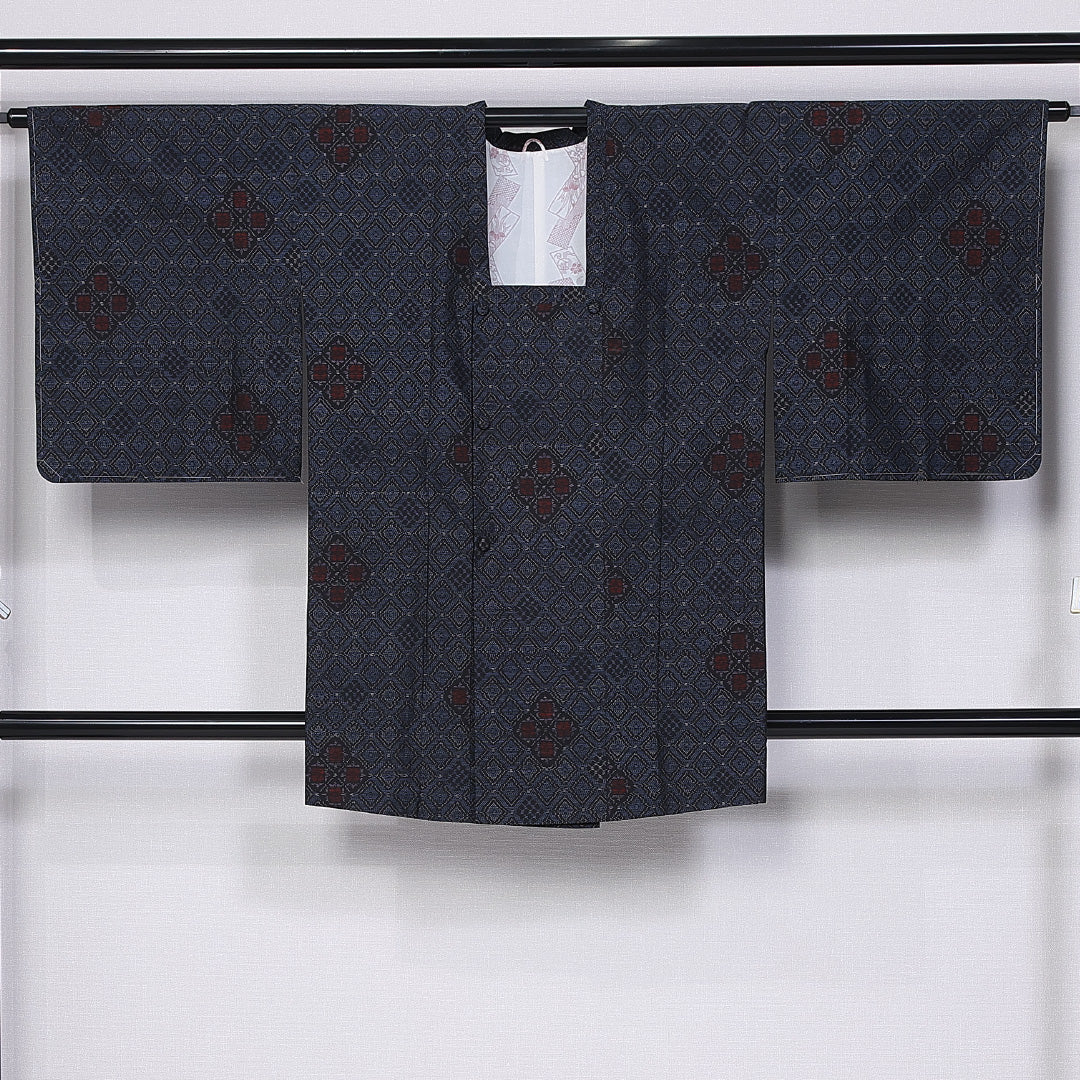 道行コート (大島紬) 袷 身丈89cm 裄丈65cm 正絹 Sランク インフォーマル Mサイズ ポケットあり 花菱 紺系 RP 1237-10750