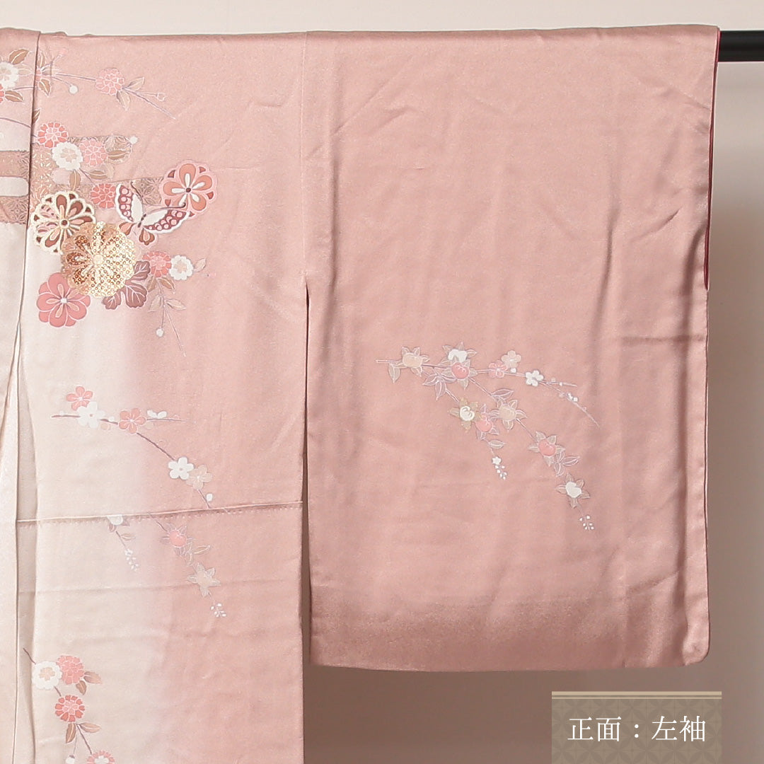 訪問着 袷 身丈155~159cm 裄65cm 正絹 花や蝶 金彩 エ霞 ピンク系 Aランク 1212-00598