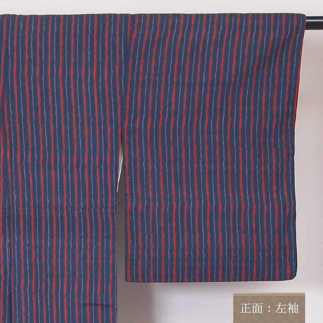 紬 袷 身丈156cm 裄64cm 正絹 縞 紺系 Aランク 1216-00941