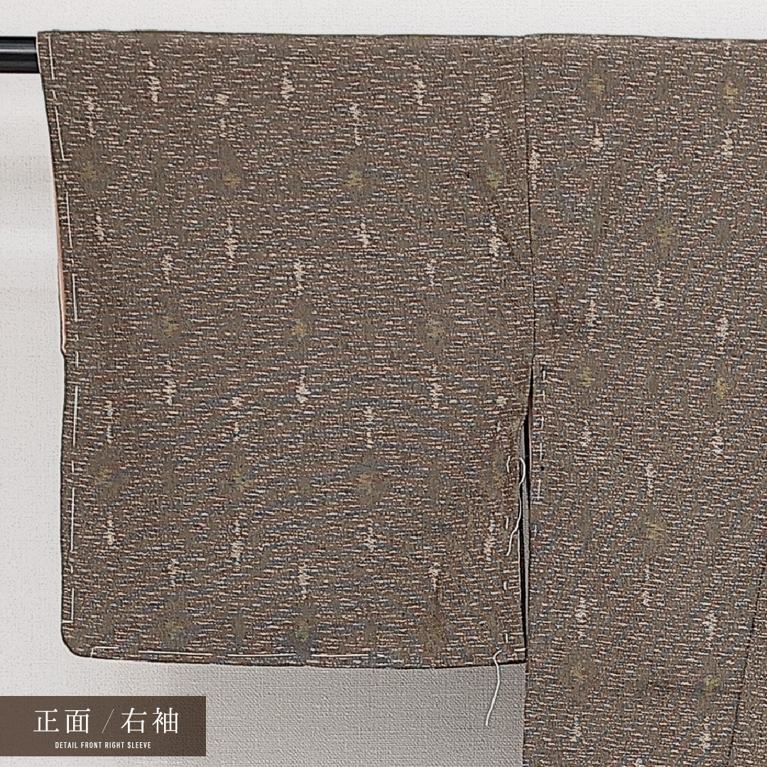 アンティーク お召 袷 身丈148cm 裄丈62cm 正絹 Aランク バチ衿 XSサイズ 創作柄 茶系 RP 1222-14452