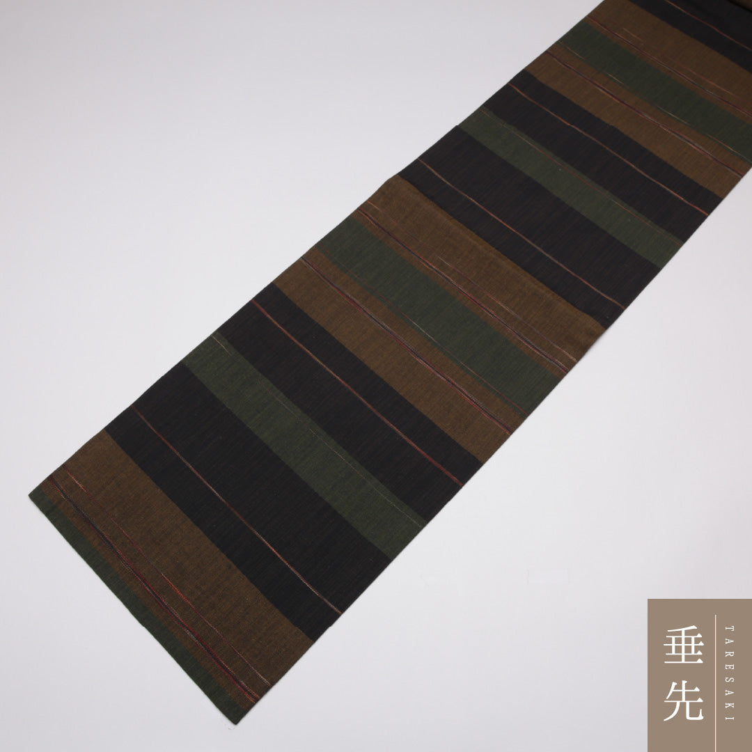 未使用品 袋帯 帯丈432cm 全通 縞 紬 リバーシブル カジュアル 紺系 正絹 Sランク 1223-01113