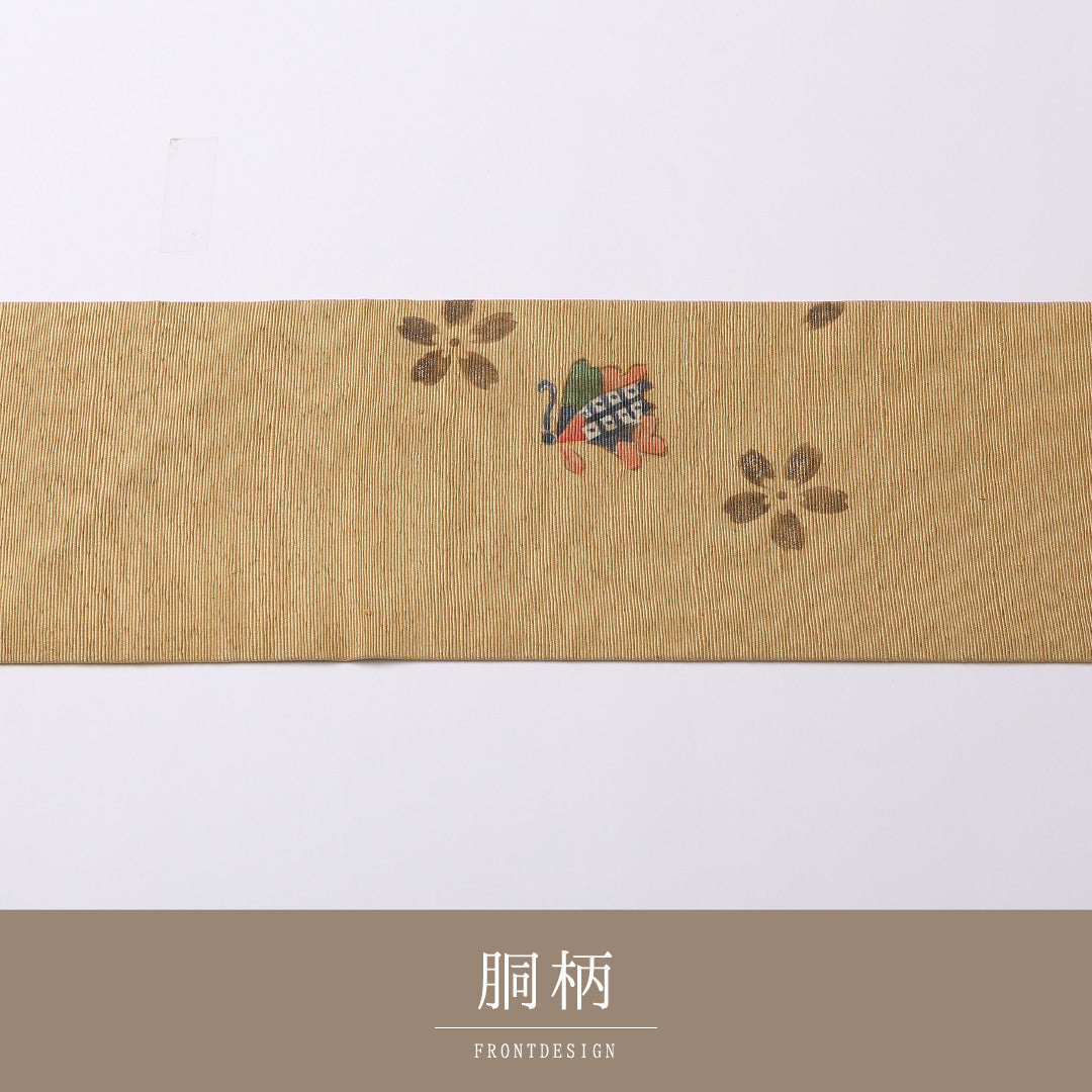 名古屋帯 紬地 ポイント柄 帯丈360cm カジュアル Sランク 正絹 雪輪 桜 素朴 遊び心 緑系 1224-02625