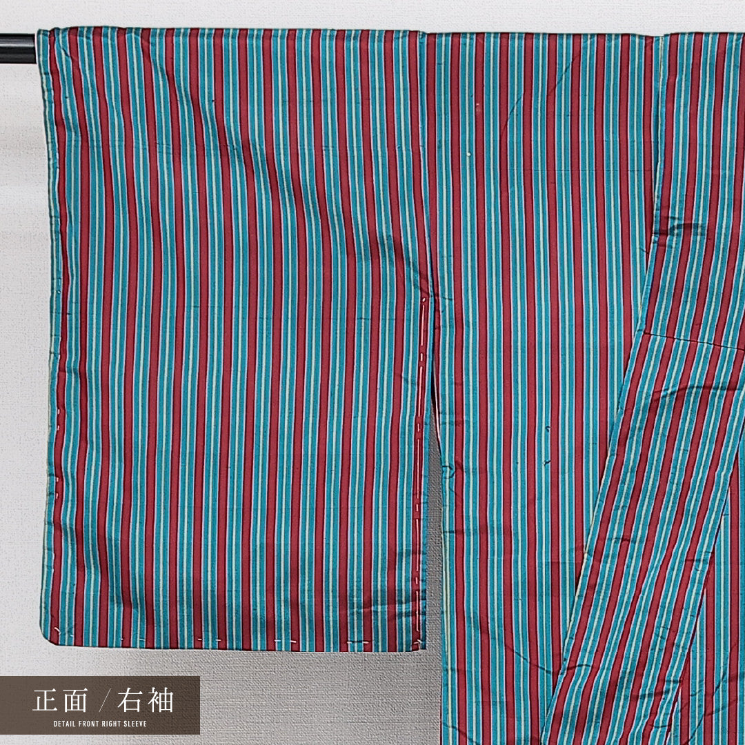 アンティーク 紬 袷 身丈149cm 裄丈60cm 正絹 Aランク バチ衿 XSサイズ 縞 青系 HP 1223-14549