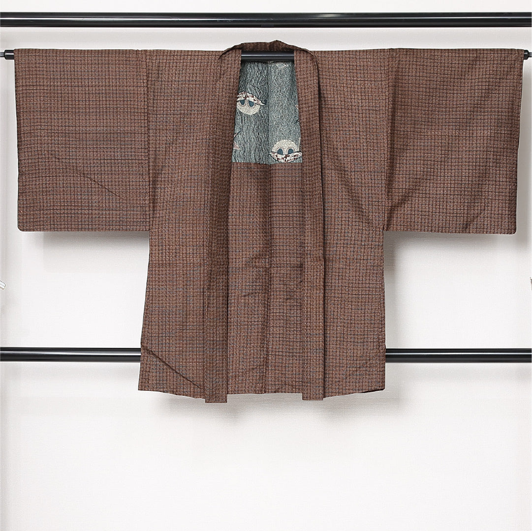 羽織 男性用 袷 身丈88cm 裄丈67cm 正絹 Aランク カジュアル Sサイズ 幾何学柄 茶系 RP 1235-12987