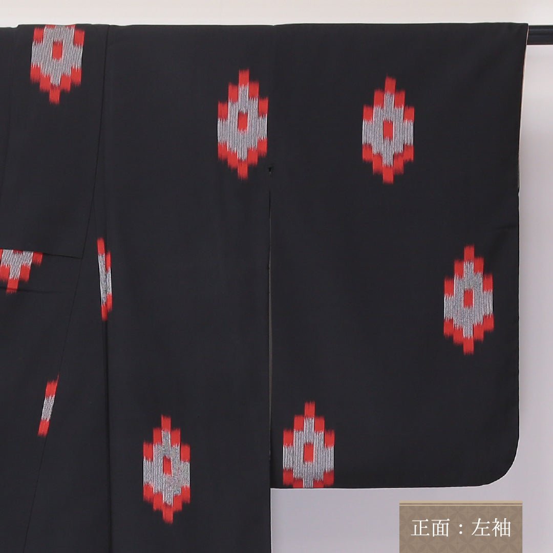 紬 袷 身丈151cm 裄63cm 正絹 絣 黒系 Aランク 1216-01107