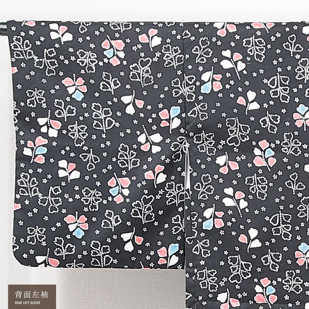 洗える着物 黒羽織 袷 身丈78cm 裄丈64cm ポリエステル Sランク 紋意匠 (木目) インフォーマル Mサイズ 花柄 黒系 RP 1233-14674