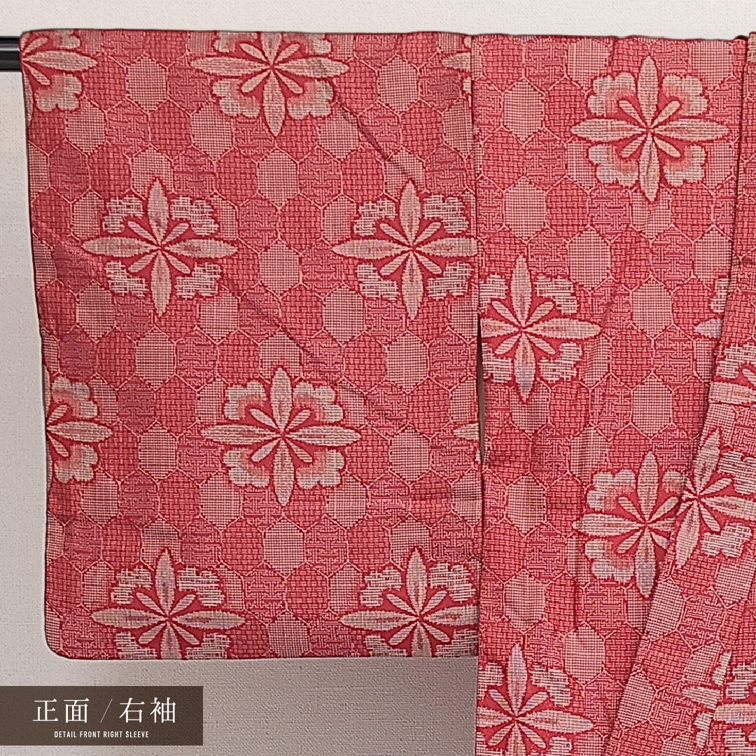 アンティーク 紬 袷 身丈145cm 裄丈62cm 正絹 Bランク バチ衿 XSサイズ 花柄 赤系 HP 1223-13987