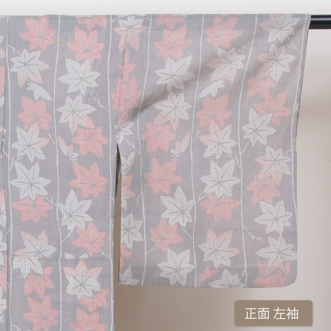 紬 夏紬 身丈154cm 裄62cm 洗える着物 紅葉 グレー系 Aランク 夏着物 1216004133222