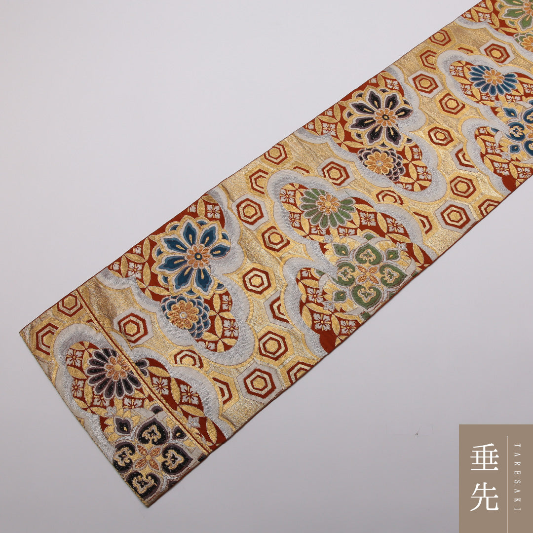 袋帯 帯丈406cm 正絹 六通 フォーマル 宝相華 雲取り 亀甲 朱系 金系 1243-01367