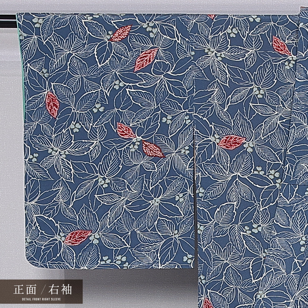 小紋 袷 身丈153cm 裄丈63cm 正絹 Aランク インフォーマル バチ衿 Sサイズ 植物柄 青系 HP 1221-11263