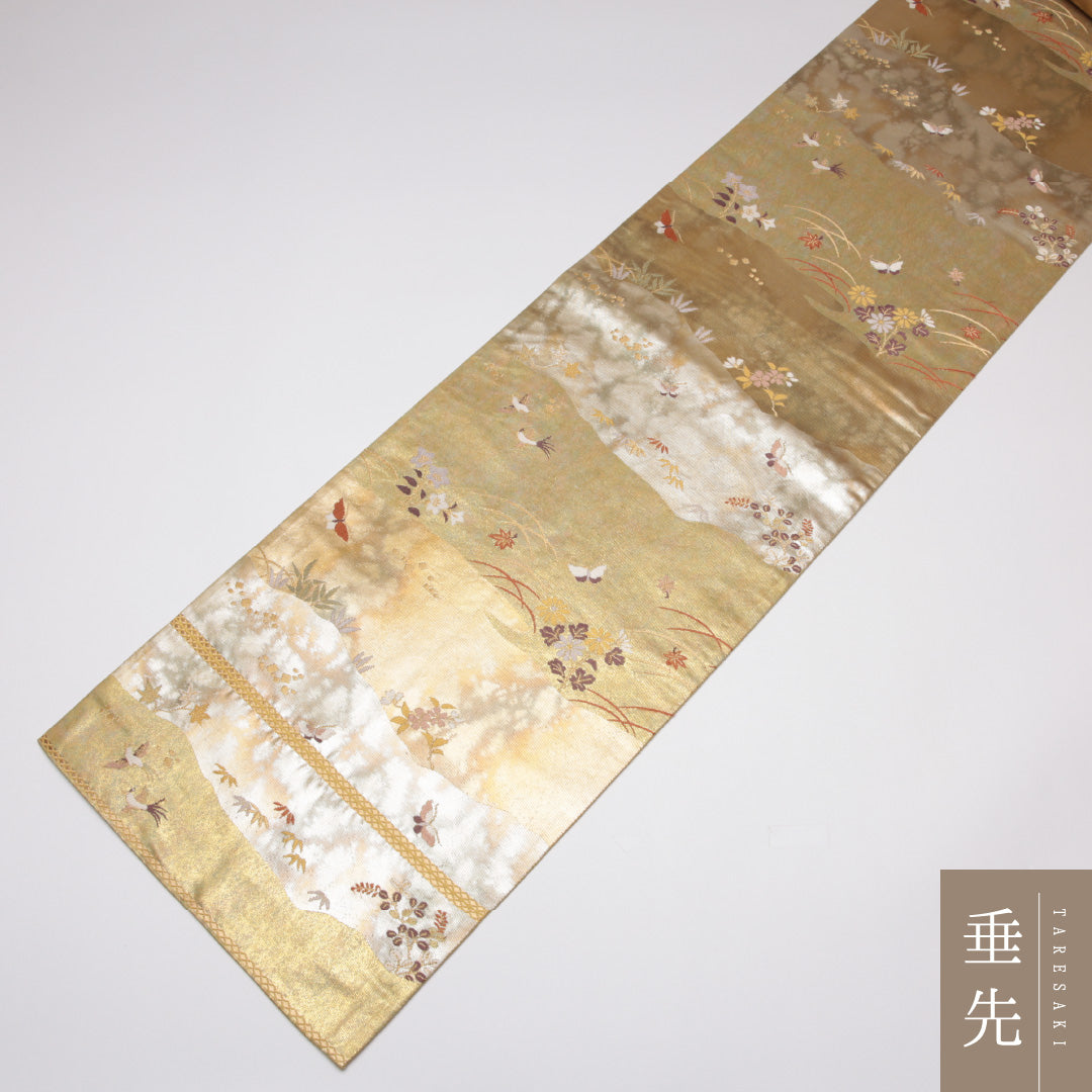 袋帯 帯丈428cm 正絹 六通 フォーマル 花鳥文 吉祥文様 金系 1243-01111