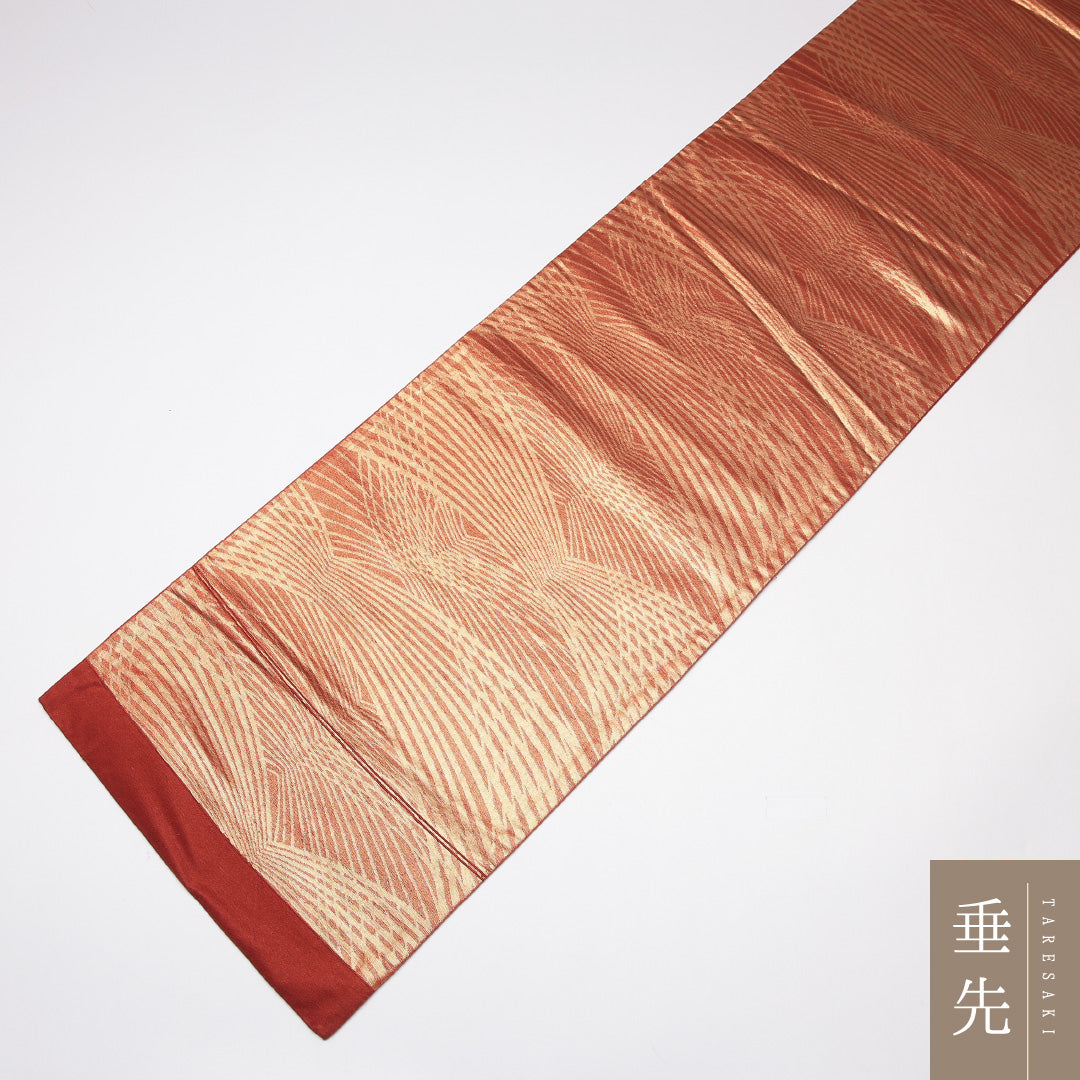 袋帯 帯丈416cm 正絹 六通 セミフォーマル 幾何学柄 金系 朱系 1243-01226