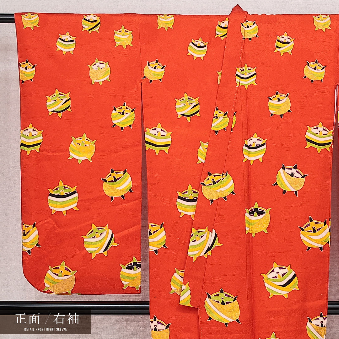 小振袖 身丈142cm 裄丈63.5cm Sランク ポリエステル 洗える着物 袷 バチ衿 XS 糸巻 セミフォーマル レトロ 可愛らしい 朱系 1213-F0627