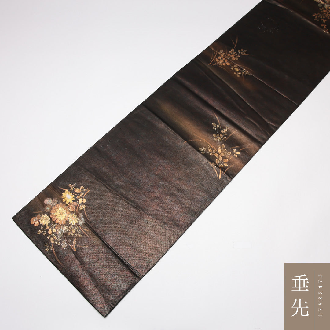 袋帯 帯丈436cm 六通 旭水 菊 作家物 友禅 フォーマル 落款 黒系 正絹 Aランク 1223-01196