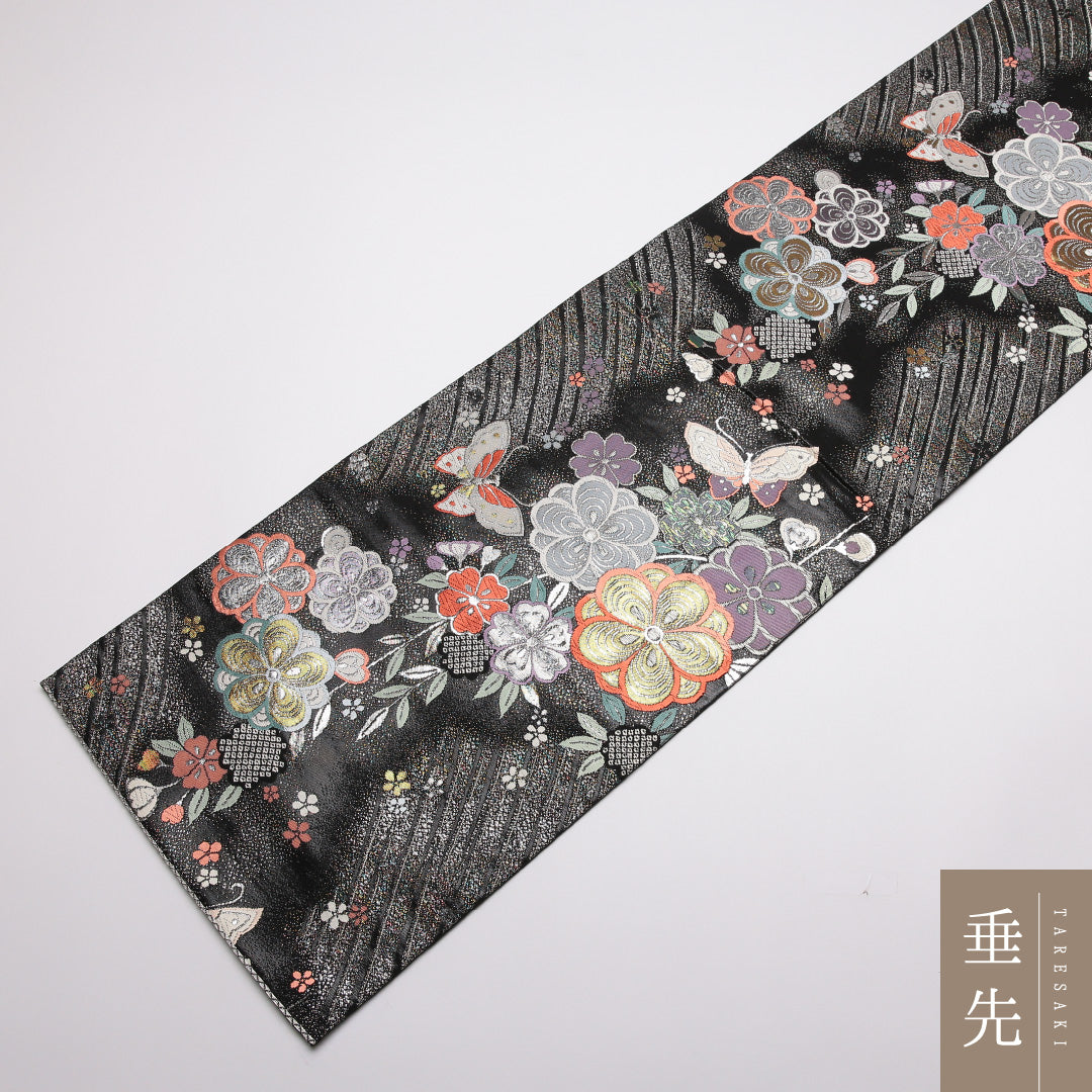袋帯 帯丈432cm Sランク 六通 正絹 桜 蝶 黒系 蝶 1223-01370