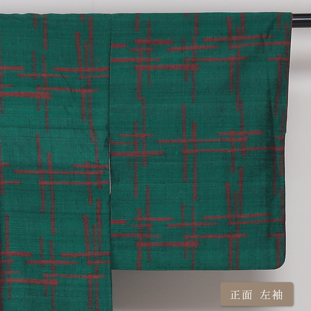 紬(真綿紬) 袷 身丈157cm 裄丈62cm 正絹 Sランク Mサイズ 広衿 カジュアル 創作柄 緑系 1216-03161