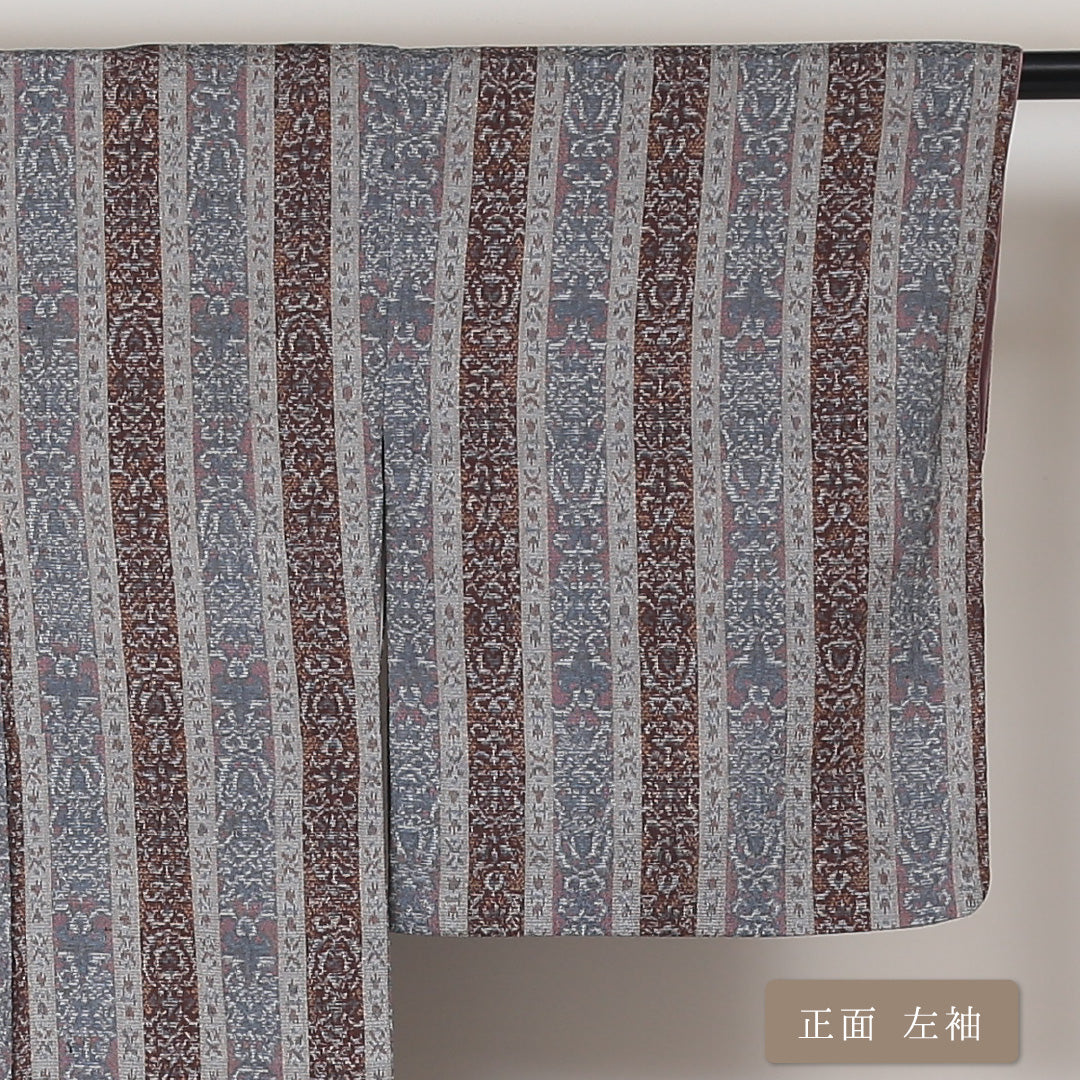 洗える着物 小紋 袷 身丈155cm 裄丈63cm ポリエステル Sランク インフォーマル 広衿 Mサイズ 縞 ペルシャ文様 グレー系 RP 1221-01601