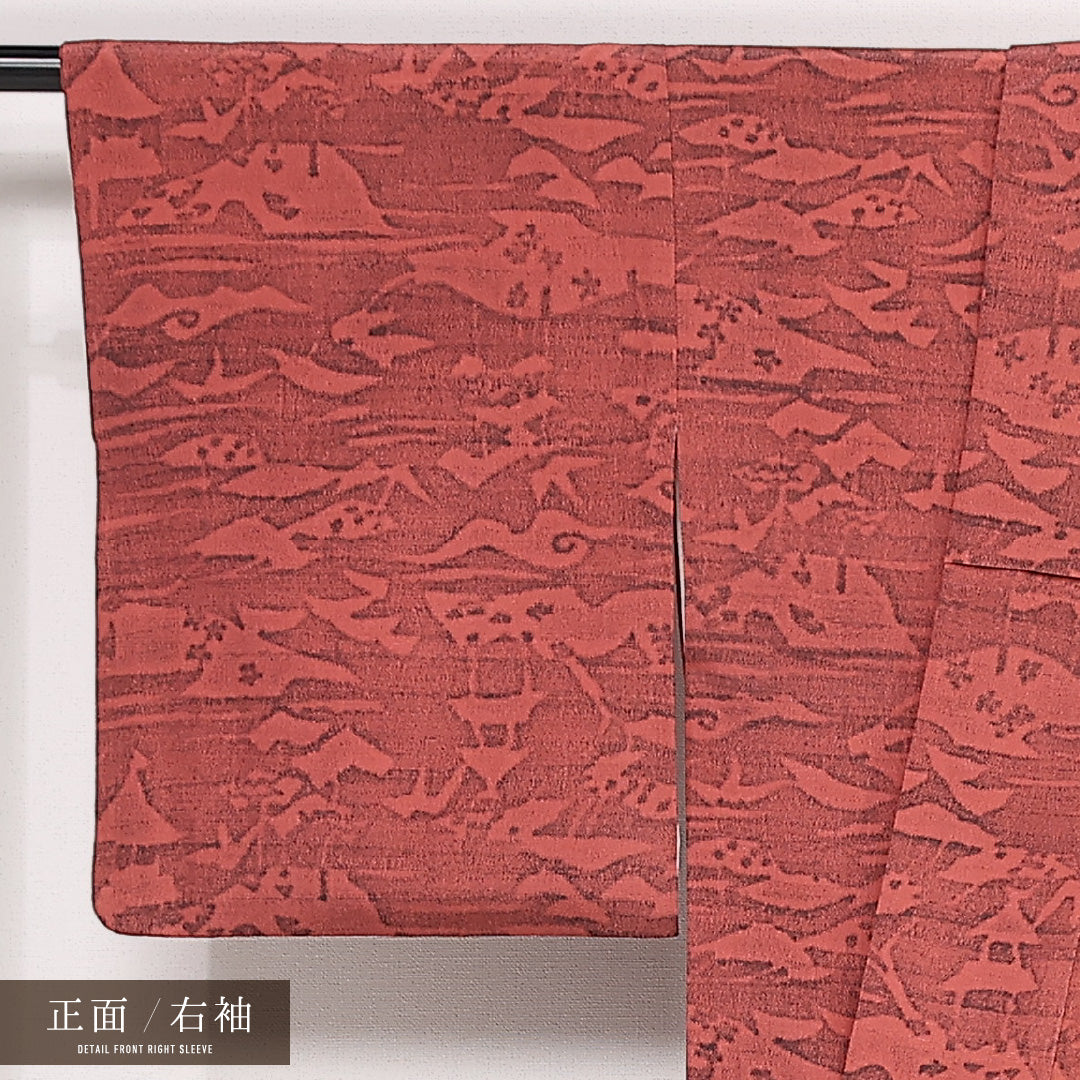 小紋 袷 身丈153cm 裄丈63cm 正絹 Sランク インフォーマル 広衿 Sサイズ 創作柄 朱系 RP 1221-13303