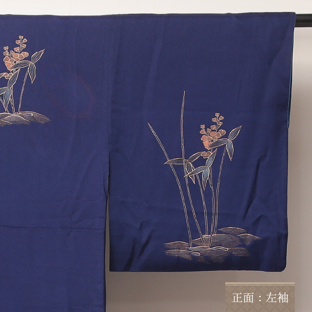 訪問着 袷 身丈160~164cm 裄69cm 正絹 鴛鴦や菖蒲 金彩 青系 Bランク 1212-00594