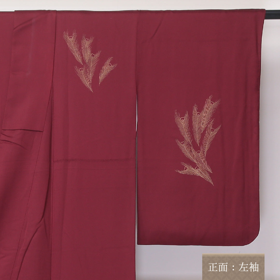 訪問着 袷 身丈163cm 裄丈64cm 正絹 Sランク セミフォーマル 広衿 Lサイズ ぼかし染 金彩 孔雀 牡丹 赤系 RP 1217-04588