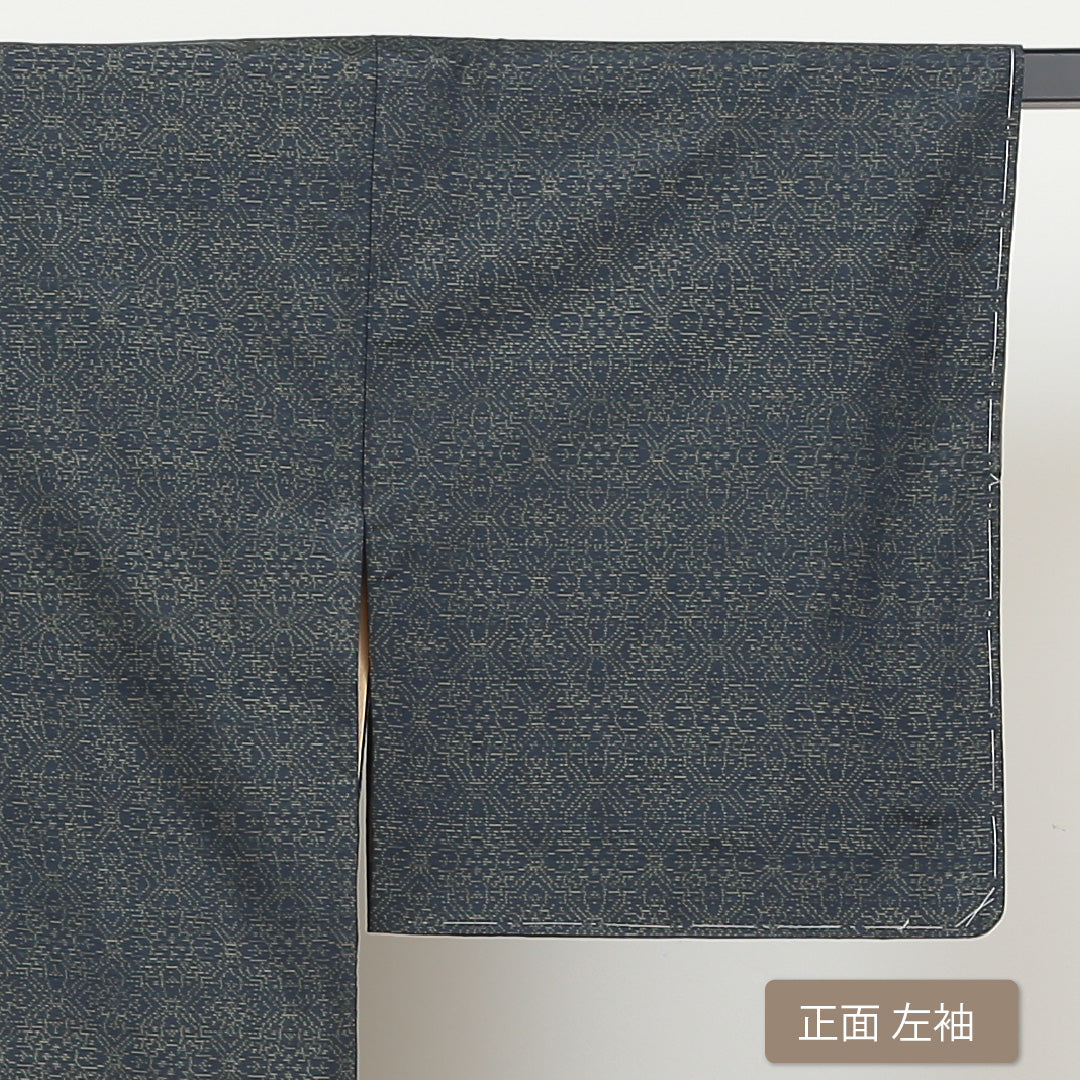 大島紬 袷 身丈151cm 裄丈62cm 正絹 Aランク インフォーマル 広衿 Sサイズ 緯総絣 花菱 緑系 RP 1223-02838
