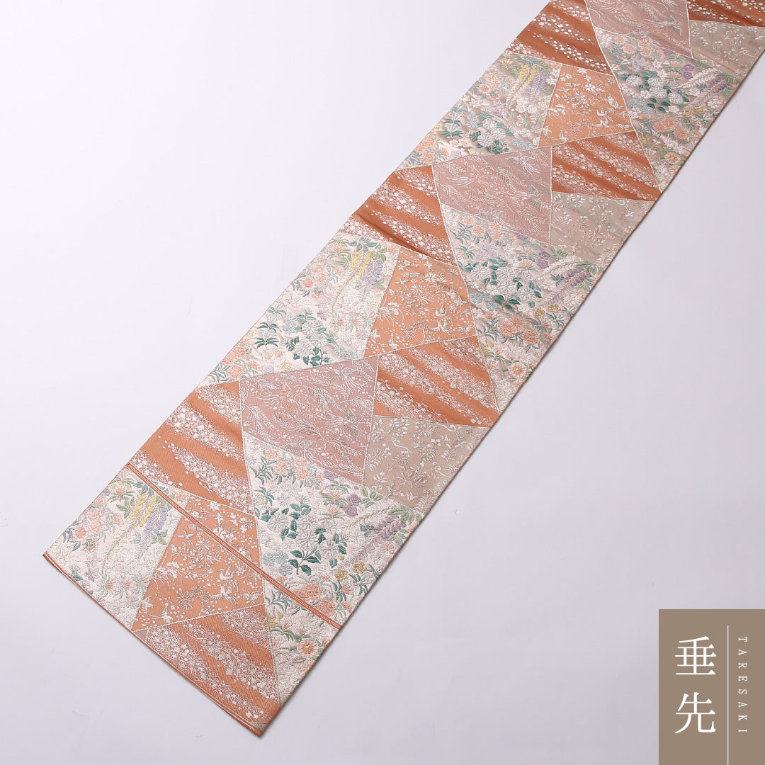 袋帯 帯丈442cm 六通 フォーマル Sランク 正絹 尾長鳥 藤 古典的 華やか 朱系 1223-01593