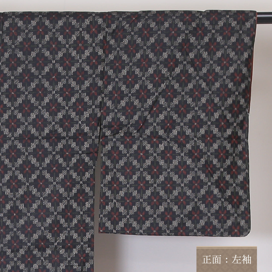 アンサンブル 紬 袷 身丈157cm 裄65cm 正絹 花柄 紺系 Aランク 1216-00922
