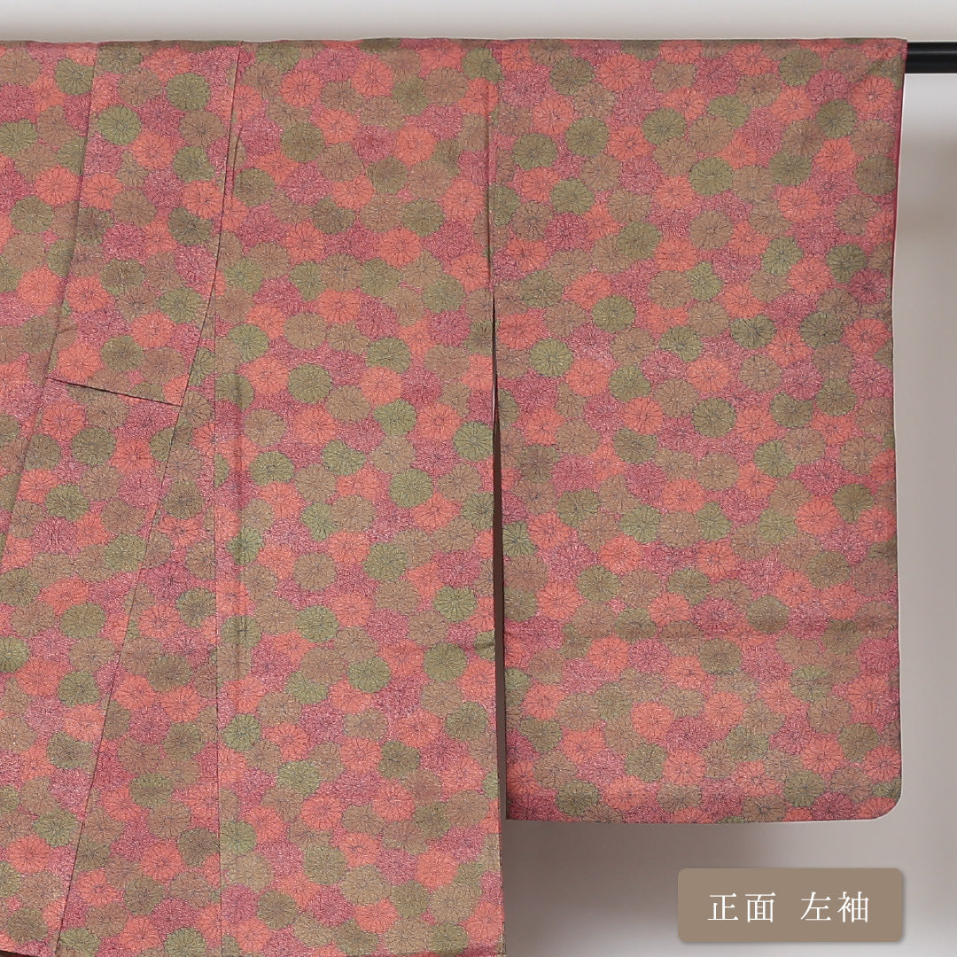 小紋 袷 身丈152cm 裄丈63cm 正絹 Aランク インフォーマル 広衿 Sサイズ 花柄 ピンク系 HP 1221-01510
