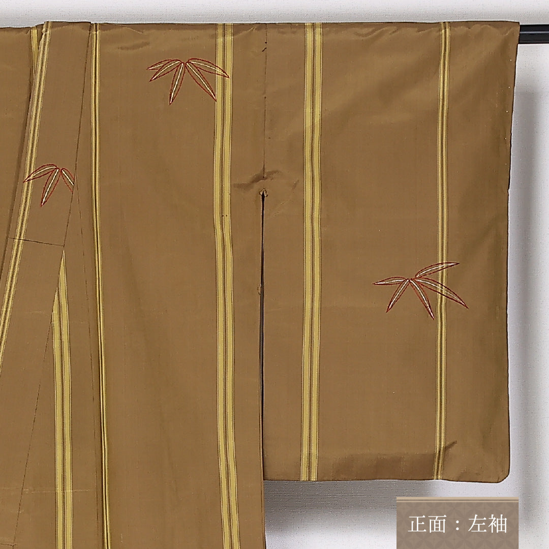 付下げ 袷 身丈151cm 裄丈63cm 正絹 Aランク インフォーマル バチ衿 Sサイズ 刺繍 笹 茶系 RP 1218-04790