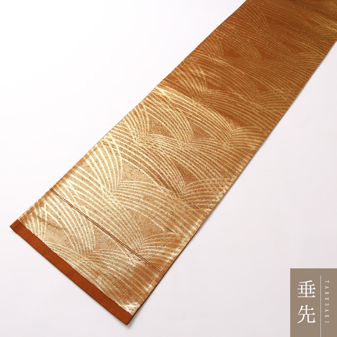袋帯 帯丈416cm 正絹 六通 セミフォーマル 創作柄 茶系 金系 1243-01726