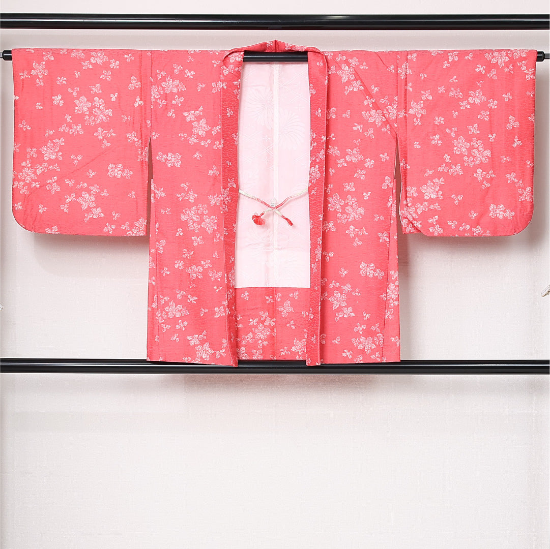 羽織 袷 身丈78cm 裄丈65cm 正絹 Sランク カジュアル Mサイズ 紐あり 花柄 ピンク系 RP 1232-12835