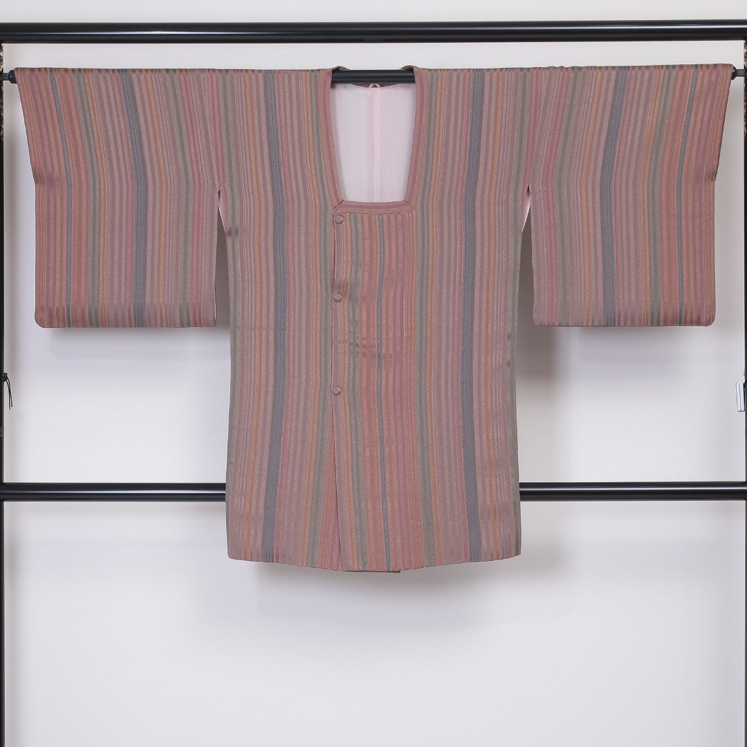道行コート 袷 身丈91cm 裄丈65cm 正絹 Sランク Mサイズ フォーマル ガード加工 縞 ピンク系 ベージュ系 1263-05888