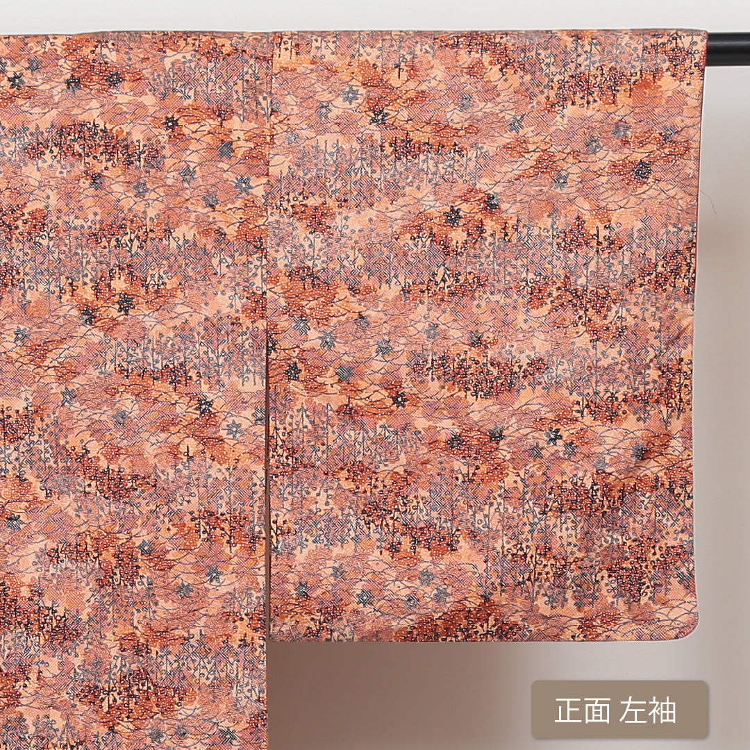 小紋 袷 身丈156cm 裄丈63cm 正絹 Sランク インフォーマル 広衿 Mサイズ 芝草 植物柄 朱系 RP 1221-01350