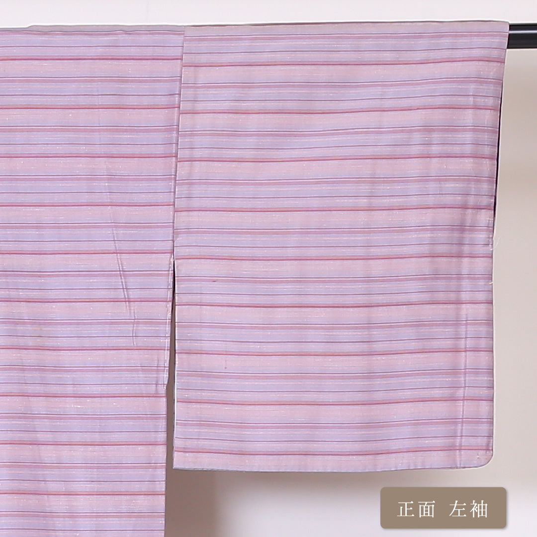 お召 袷 身丈149cm 裄丈63cm 正絹 Bランク インフォーマル 広衿 XSサイズ 縞 紫系 PO 1222-03303