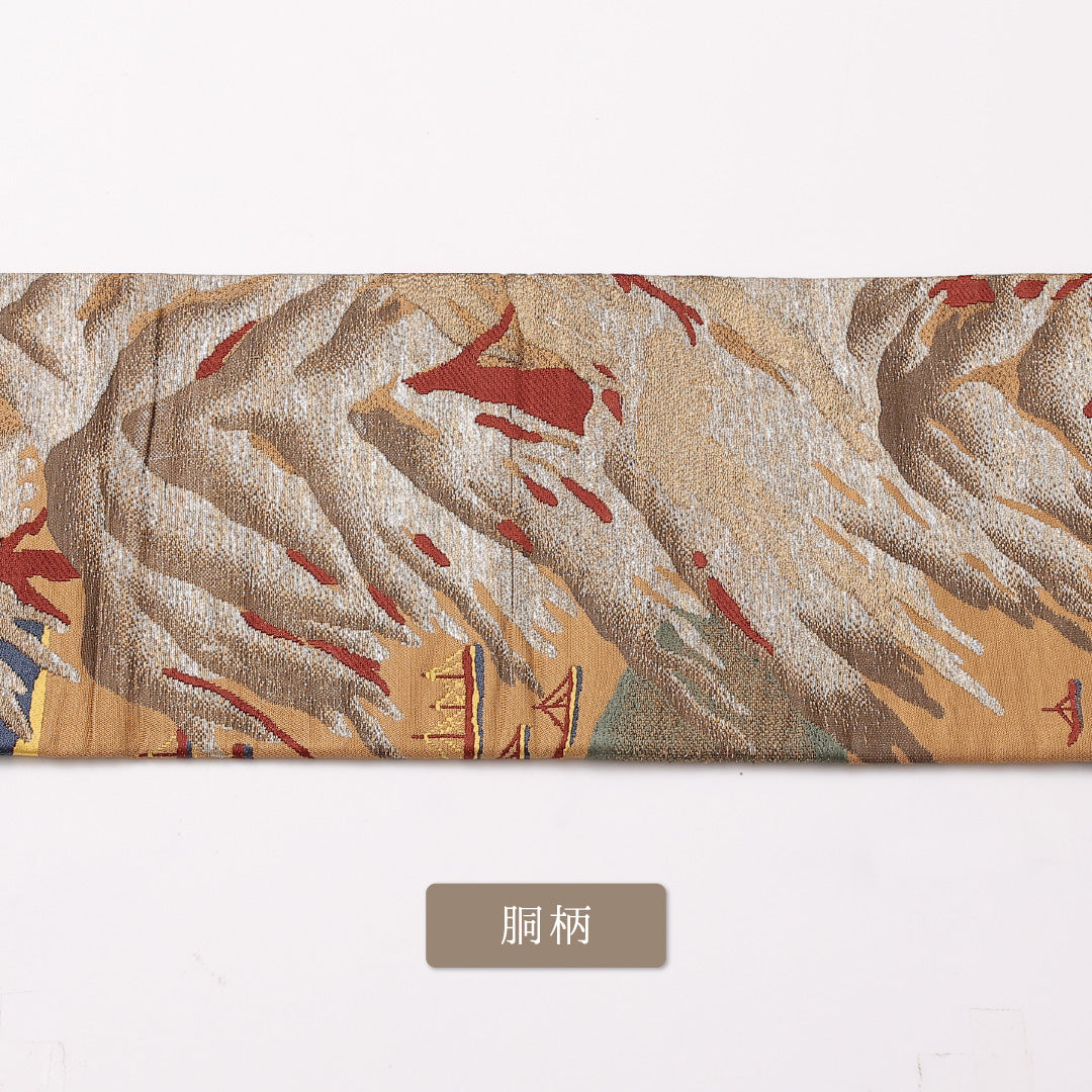 アンティーク 名古屋帯 帯丈341cm 六通 名古屋仕立て Cランク セミフォーマル 船 正絹 茶系 1224-01128