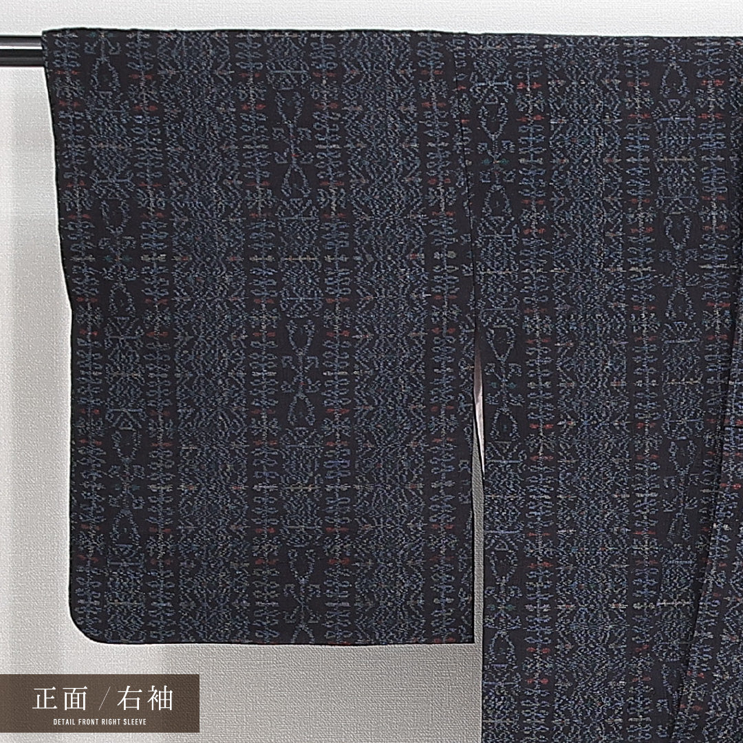 紬 袷 身丈163cm 裄丈65cm 正絹 Sランク カジュアル 広衿 Lサイズ 創作柄 紺系 RP 1223-14736