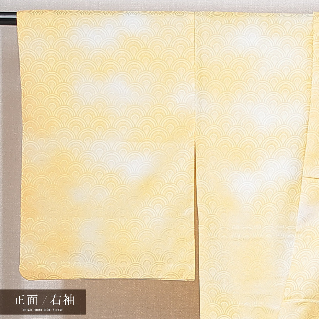 洗える着物 色無地 袷 身丈163cm 裄丈64cm ポリエステル Bランク 紋意匠 (青海波) インフォーマル 広衿 Lサイズ ぼかし染 青海波 黄系 HP 1219-14922
