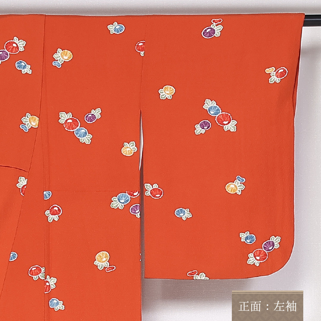 小紋 袷 身丈153cm 裄62cm 正絹 ちりめん 野菜柄 朱系 Aランク 1215-02442