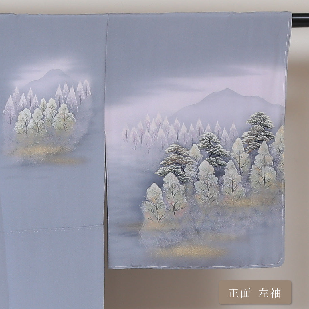 訪問着 袷 身丈152cm 裄丈62cm 正絹 Sランク セミフォーマル 広衿 Sサイズ 加賀友禅 ぼかし染 落款 しつけ糸 遠山 グレー系 RP 1217-04357