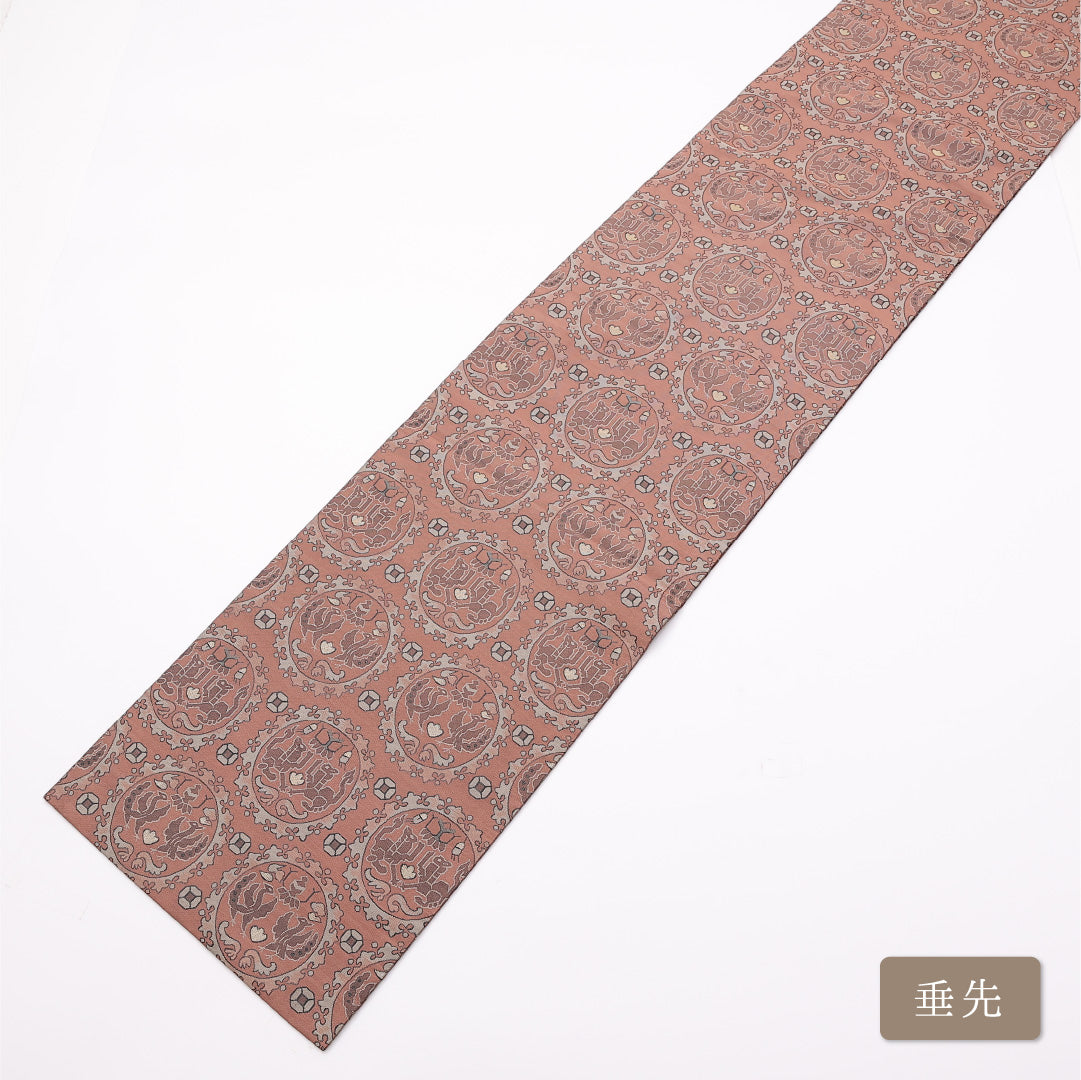 名古屋帯 帯丈356cm 六通 開き仕立て Aランク カジュアル 名物裂 有栖川文 正絹 茶系 1224-01007