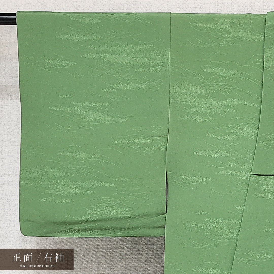 色無地 袷 身丈162cm 裄丈64cm 正絹 Aランク 一つ紋 (丸に桔梗) 紋意匠 (芝草) セミフォーマル 広衿 Lサイズ 緑系 RP 1219-14206