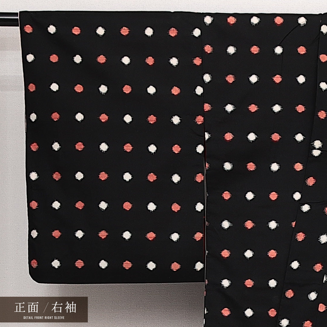 アンティーク 銘仙の着物 袷 身丈161cm 裄丈62cm 正絹 Bランク バチ衿 Lサイズ ドット 黒系 RP 1223-14105