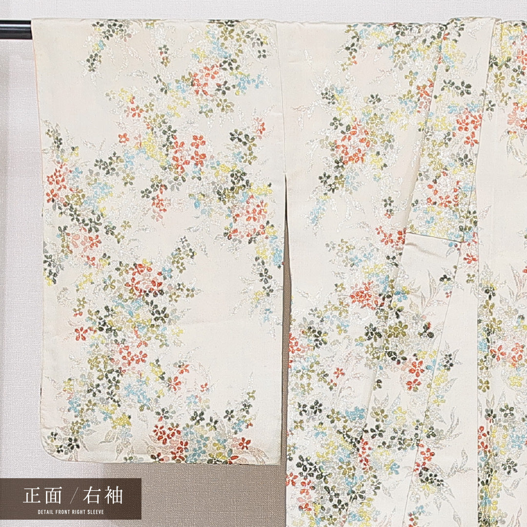 紬 袷 身丈162cm 裄丈64cm 正絹 Cランク カジュアル バチ衿 Lサイズ 花柄 クリーム系 LP 1223-15615