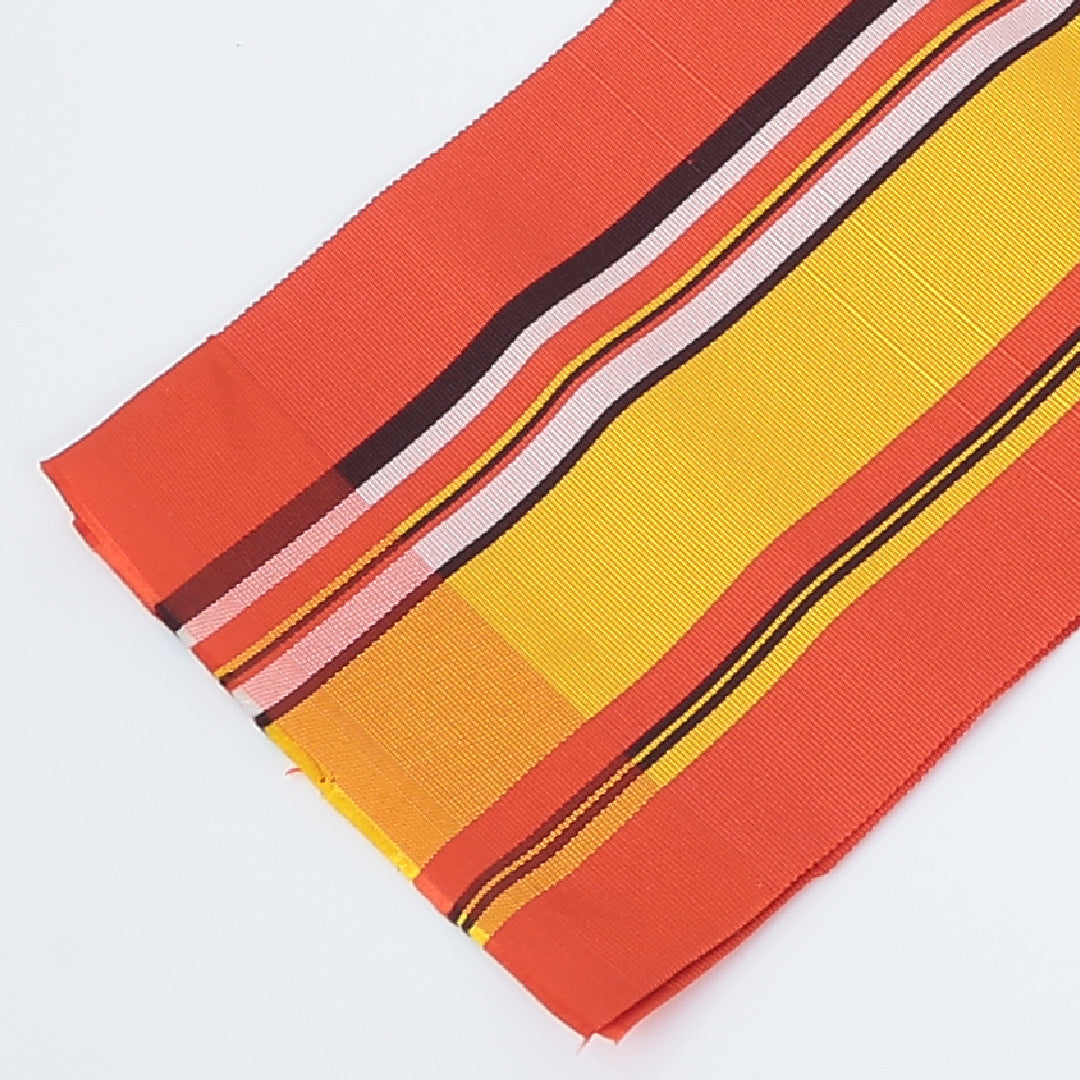 本場筑前 半幅帯 帯丈358cm 矢鱈縞 正絹 単衣帯 全通 仕立て上がり カジュアル Sランク 朱系 1225000055216