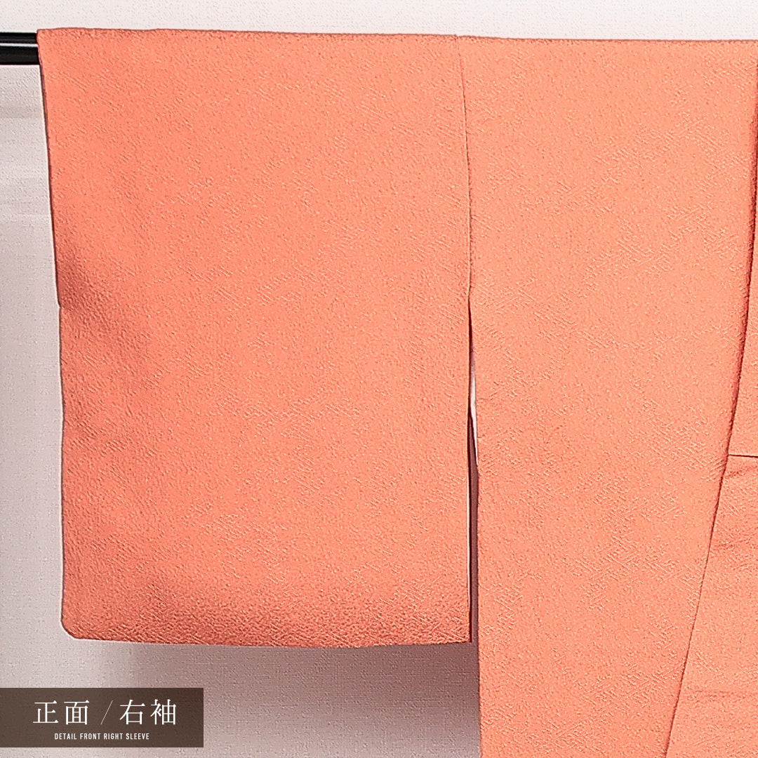 色無地 袷 身丈165cm 裄丈63cm 正絹 Sランク 一つ紋 (剣片喰) 紋意匠 (紗綾形) セミフォーマル 広衿 XLサイズ ふくれ織 ピンク系 RP 1219-14113