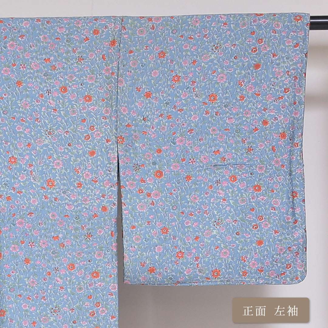 小紋 袷 身丈161cm 裄丈65cm 正絹 Sランク インフォーマル 広衿 Lサイズ 花柄 水色系 RP 1221-01738