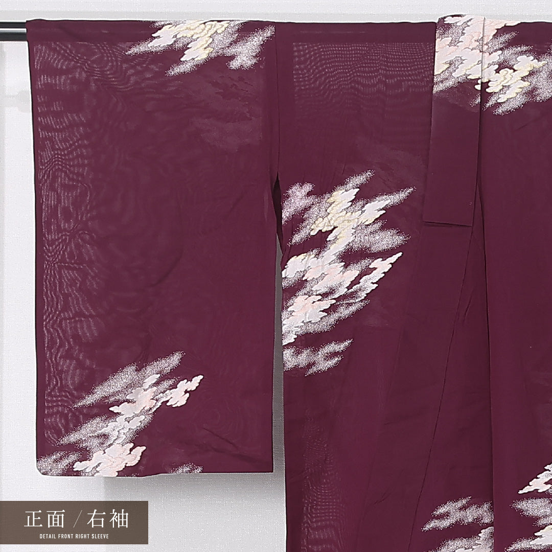 夏物 お召 紗 身丈150cm 裄丈62cm 正絹 Aランク インフォーマル バチ衿 Sサイズ 創作柄 紫系 RP 1222-12407