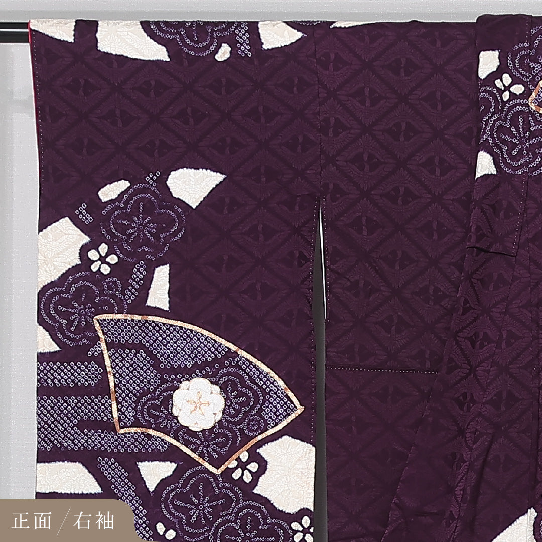 振袖 身丈158cm 裄丈64cm Aランク 袷 正絹 XL 広衿 絞り 金駒刺繍 吉祥文様 扇 古典柄 桜 花柄 紫系 1213-F0437